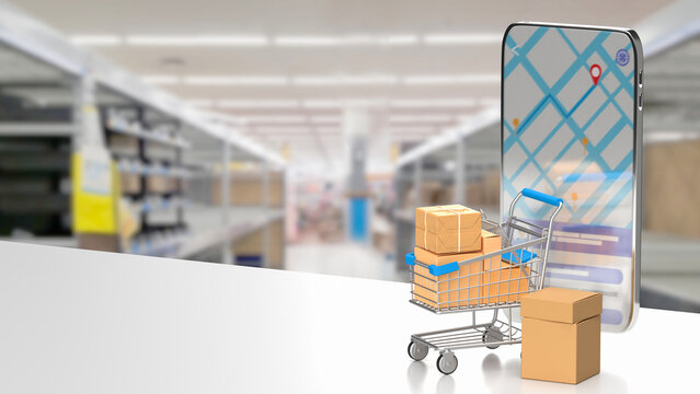 The shopping trolley and mobile phone for online market concept 3d rendering.
