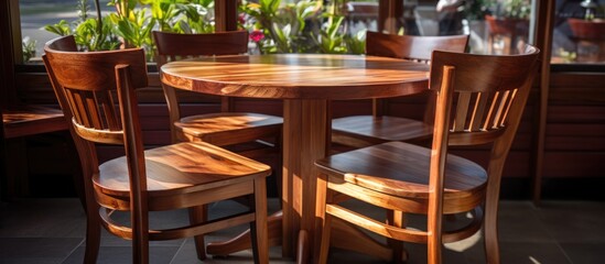 A wooden table is surrounded by four chairs in a cafe setting. The furniture is sturdy and...