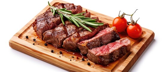 A wooden cutting board is topped with slices of beef steak and fresh tomatoes.