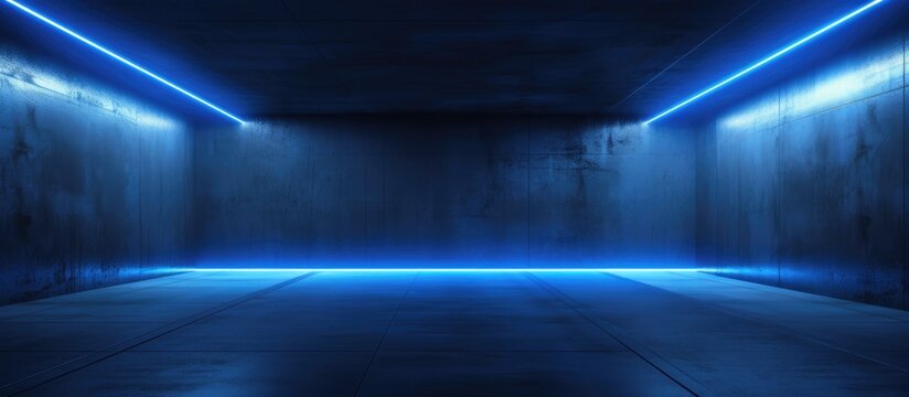 A dark room with a concrete floor is illuminated by blue lights, creating a stark and modern aesthetic. The glossy blue lines add a hint of color to the otherwise minimalistic space.