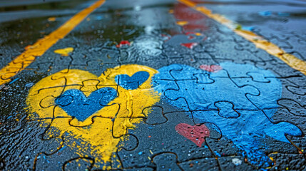 Painted blue and yellow hearts on paving slabs for pedestrians as a sign of support for people with down syndrome