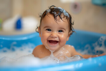 Happy baby taking a bath in bathtub