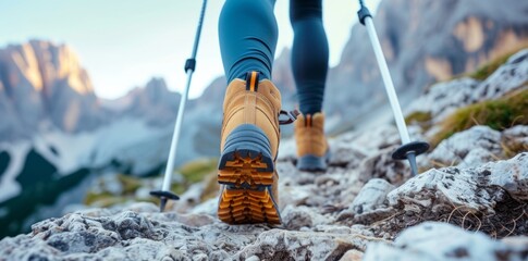 Isolated image of a woman hiker ascending with trekking poles. Embrace the spirit of adventure and perseverance in the ascent of challenging trails. - obrazy, fototapety, plakaty