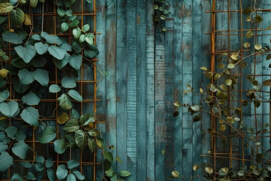 Isolated image of a wooden canvas embraced by climbing cyan leaves. Witness the harmonious connection between nature's tranquility and the artistic allure of climbing foliage.