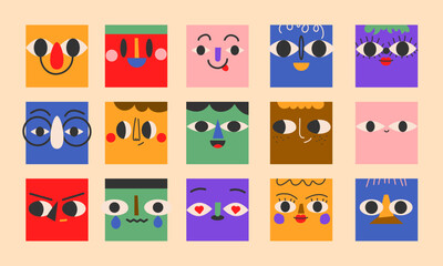 Square portraits of diverse people.Cute funny characters. Cartoon, minimal, abstract contemporary style. Avatar, icon templates. Hand drawn.Vector isolated illustrations EPS10