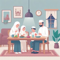 illustration of famly having meal,flat minimalist for ramadhan background 
