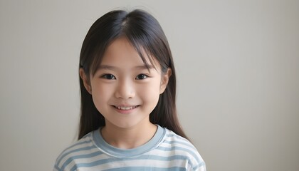  Portrait of cute Asian kid, child, on a plain white background. Simple home setting.