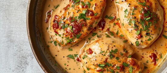A pan filled with juicy chicken cutlets, smothered in a savory sun dried tomato cream sauce, ready to be savored. - obrazy, fototapety, plakaty
