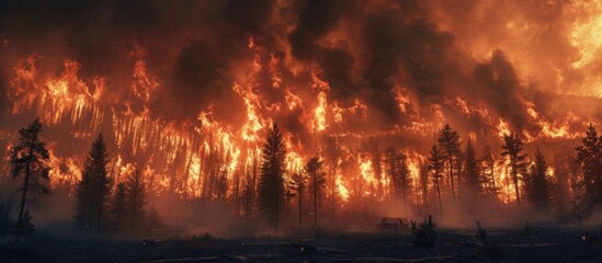 A large fire burning in a forest filled with trees and a meadow, as dense smoke spreads and poses a threat to nearby log cabins.