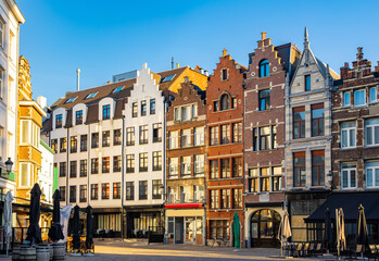 Grote markt of Antwerp, Belgium. View of typical belgian buildings, hotel and restaurants.