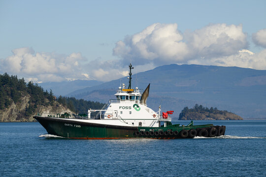 Anacortes, WA, USA - February 23, 2024; Garath Foss a Voith Tractor Tug for tanker escort in Fidalgo Bay Washington
