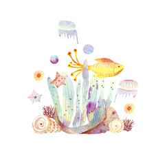 Underwater life watercolor illustration with gold fish, seashell, seaweed and jellyfishes. Multi colored fairy tale sublimation. Suitable for decor, cards,  posters, print.