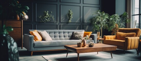 A modern living room in an apartment with various furniture pieces, including a comfortable sofa and fresh flowers. The room is well-lit by sunbeams coming through a large window,