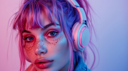 Stylish young woman with headphones and vibrant sunglasses in neon lights