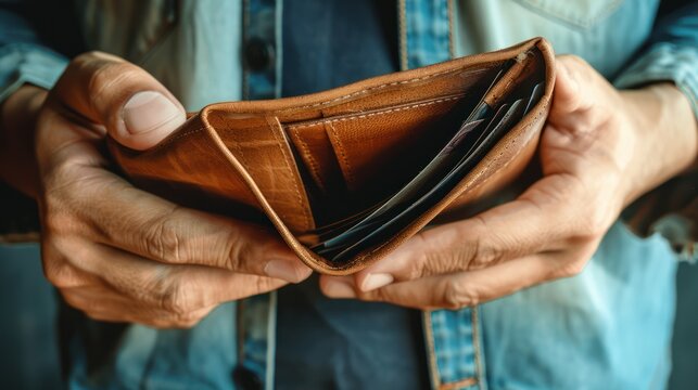 Debt financial concept, stressed problem people asian man, male hand open empty wallet not have budget of money to pay no have credit card, not able payment bill, loan or expense with bank, bankruptcy