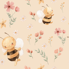 watercolor flowers and bees seamless pattern illustration for kids