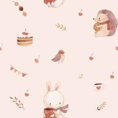 watercolor hedgehog and bunny seamless pattern illustration for kids