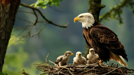 A mother eagle is feeding her 3 chicks in a nest, in a tree.