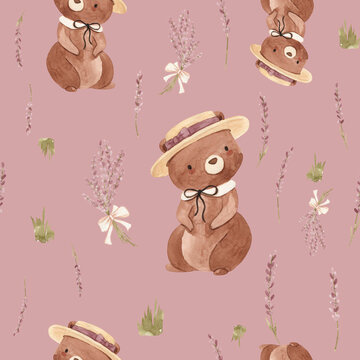 watercolor bear, lavender, leaves seamless pattern illustration for kids