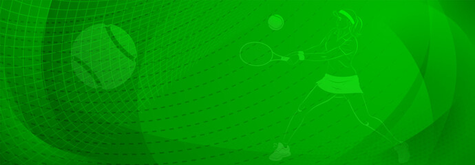 Tennis themed background in green tones with abstract lines curves and dots, with a female tennis player in action, swinging a racket to hit the ball away