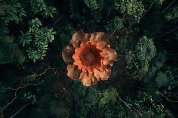 giant Rafflesia arnoldii flower growing in the middle of the forest, in the photo from above.