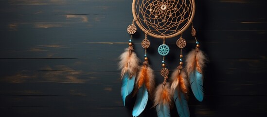 A brown and blue dream catcher is seen hanging on a wall in an illuminated corridor, adding a touch of decoration to the empty room interior background. - obrazy, fototapety, plakaty