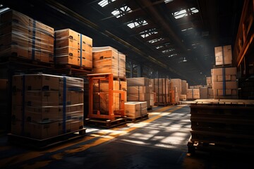 Goods packages lying on storehouse racks for transportation. Product in cardboard boxes on shelves in shop distribution department warehouse. Modern industry warehouse store at factory