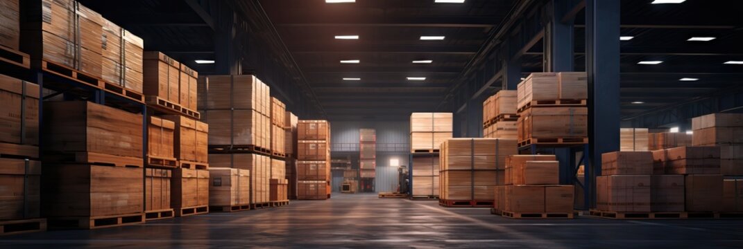 Goods Packages Lying On Storehouse Racks For Transportation. Product In Cardboard Boxes On Shelves In Shop Distribution Department Warehouse. Modern Industry Warehouse Store At Factory