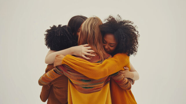 A group of women hugging close together. Female community and support