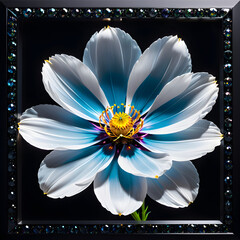 A cosmos flower, crafted from crystal glass and gems, showcased with X-ray imaging against a black backdrop. Its intricate details and captivating elegance evoke a glamorous ambiance.(Generative AI)