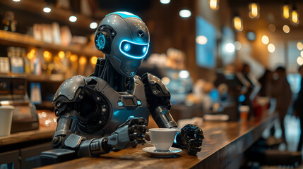 Robot barista working at the coffee shop - obrazy, fototapety, plakaty