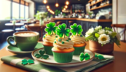 Saint Patrick Day cupcakes in a cafe. Generative AI