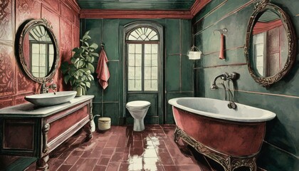 A photograph, bathroom of a house, the walls are a dark color, in the style of glamorous kit 