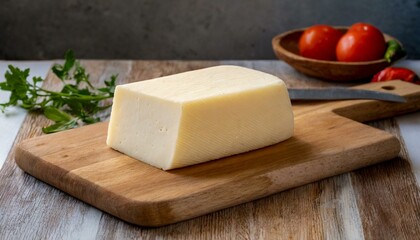 A piece of Limburger cheese is placed on a rectangular wooden cutting board, ready to be use