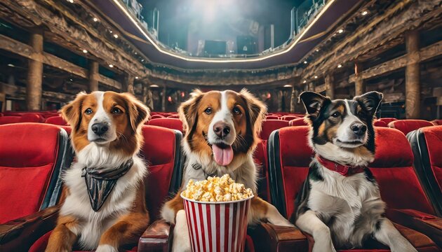 A pack of well-behaved canines enjoys a movie night in the cozy theater, snacking on popcorn