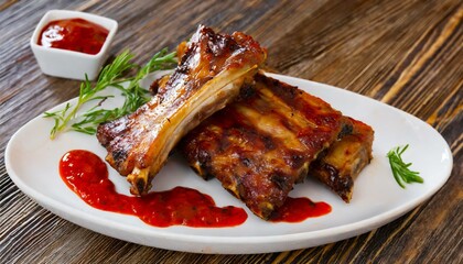 a white plate topped with grilled pork ribs and ketchup. High quality
