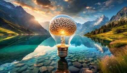 An abstract concept of human head in the form of a light bulb, with the brain inside. 