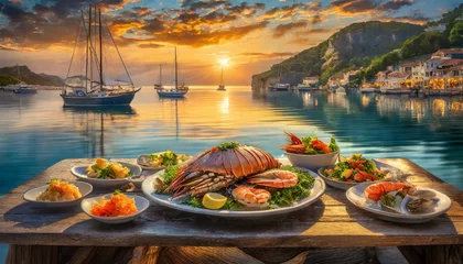 Poster Background Indulging in a seafood feast at a waterfront restaurant with the smell of salt  © MAWLOUD