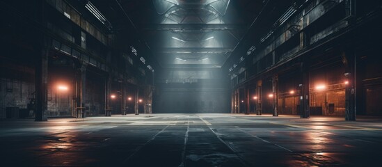 An empty warehouse with bright lights casting down onto the concrete floor below. The space appears large and industrial, with no signs of activity or movement. - obrazy, fototapety, plakaty