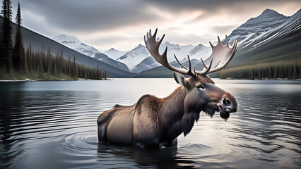 A profile of a male moose against some mountains.