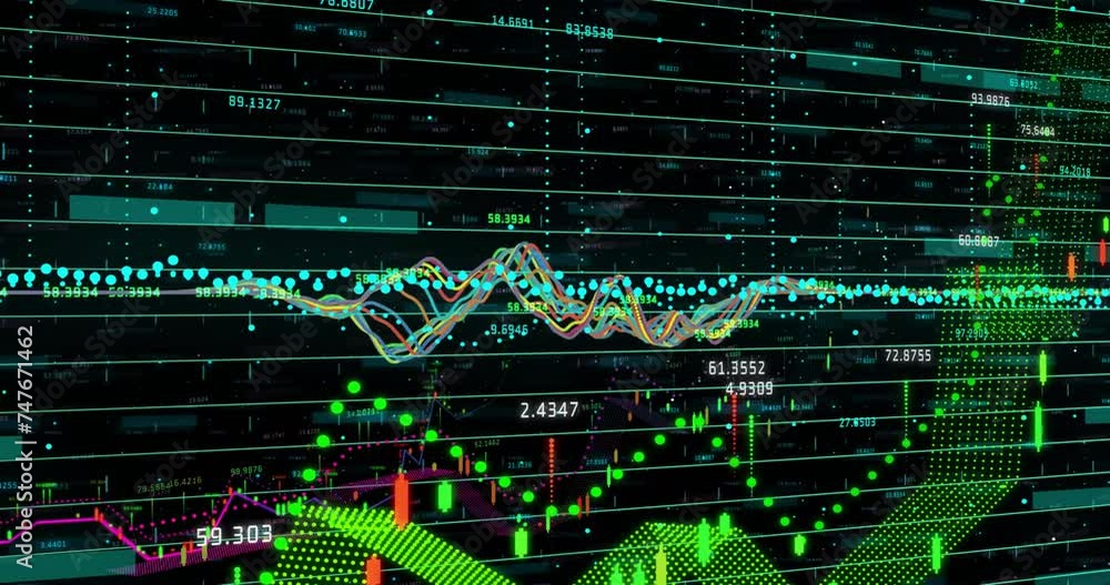 Poster animation of financial data processing over grid on dark background