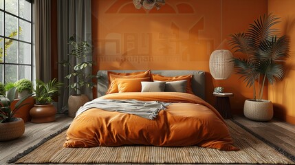 3d rendering of bedroom with an orange wall bedroom, in the style of brown and beige. Generative AI