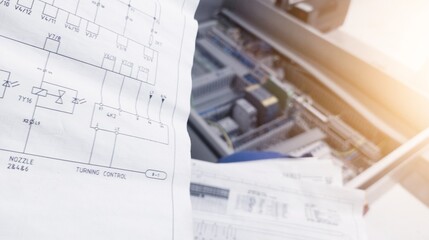 Looks at the electrical drawing on the background of the automation panel. For conceptual analysis...