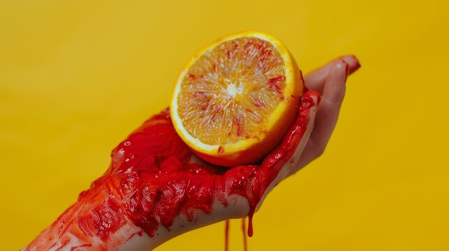 Fresh lemon half held in a hand covered with red paint on yellow background