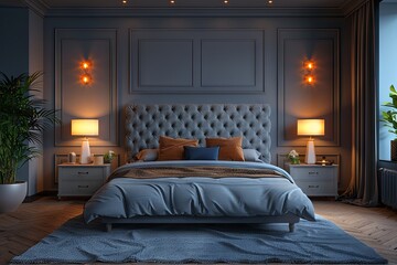 a contemporary bedroom with a grey bed and lamps, in the style of photo-realistic hyperbole, uhd image. Generative AI