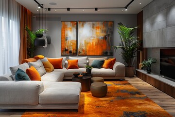 a living room with a sofa and a chair, surrounded by colorful pillows and a tv and painting, in the style of light amber and gray, minimalistic compositions. Generative AI