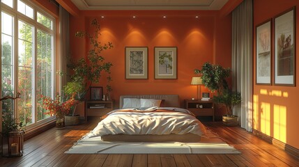 a modern bedroom that features wood floors and orange walls, in the style of vray, made of wrought iron, fine detailed, striped compositions. Generative AI