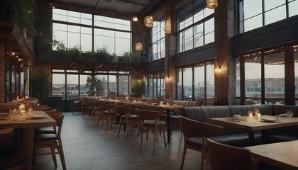 Lofty chill restaurant with wooden table and Depth of field , blurred background	
