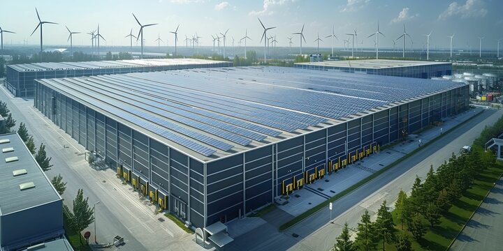 Solar panels and wind turbines decorate the eco-friendly factory, a symbol of sustainable practices in industry.