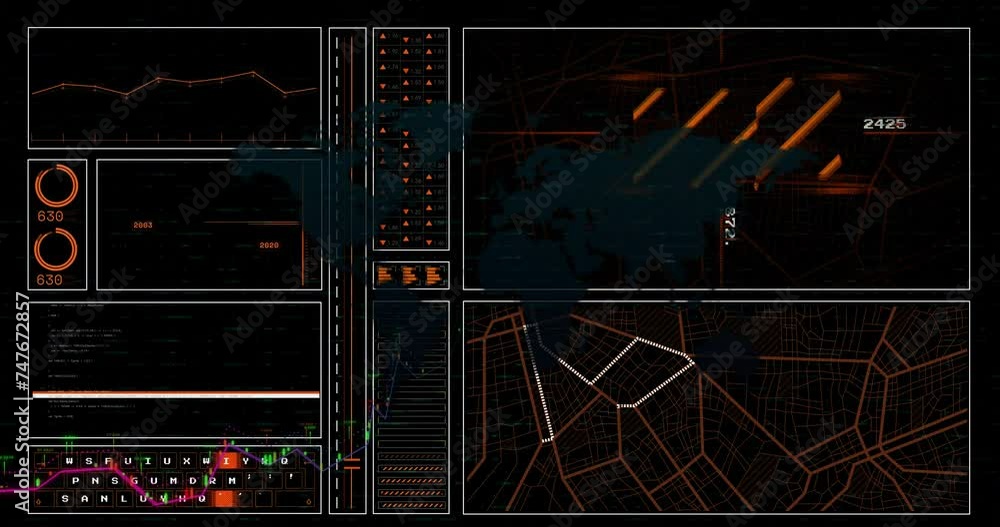 Poster animation of financial data processing over grid on dark background